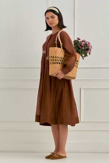 Cupid Cotton_Brown Chanderi Embroidery Round Neck Fleur Dress _Online_at_Aza_Fashions