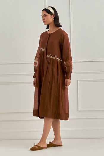 Buy_Cupid Cotton_Brown Chanderi Embroidery Round Neck Fleur Dress _Online_at_Aza_Fashions