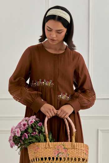 Shop_Cupid Cotton_Brown Chanderi Embroidery Round Neck Fleur Dress _Online_at_Aza_Fashions