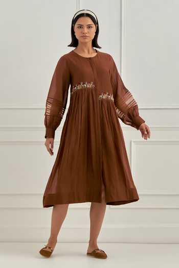 Buy_Cupid Cotton_Brown Chanderi Embroidery Round Neck Fleur Dress _at_Aza_Fashions