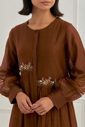 Cupid Cotton_Brown Chanderi Embroidery Round Neck Fleur Dress _at_Aza_Fashions