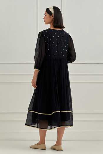 Shop_Cupid Cotton_Black Chanderi Silk Embroidery, Sequins V-neck Noire Bodice Dress _at_Aza_Fashions