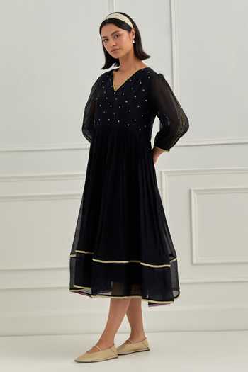 Cupid Cotton_Black Chanderi Silk Embroidery, Sequins V-neck Noire Bodice Dress _Online_at_Aza_Fashions