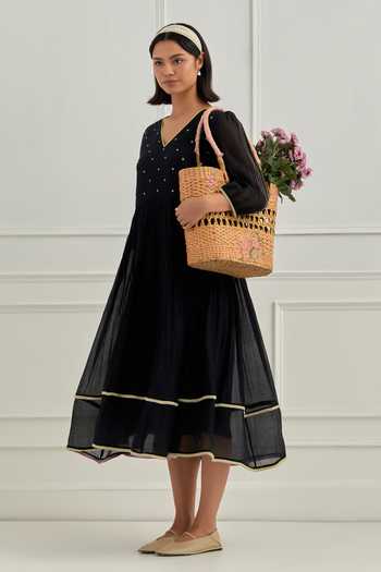 Buy_Cupid Cotton_Black Chanderi Silk Embroidery, Sequins V-neck Noire Bodice Dress _Online_at_Aza_Fashions