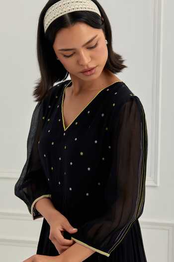 Shop_Cupid Cotton_Black Chanderi Silk Embroidery, Sequins V-neck Noire Bodice Dress _Online_at_Aza_Fashions