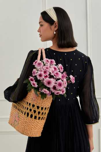Cupid Cotton_Black Chanderi Silk Embroidery, Sequins V-neck Noire Bodice Dress _at_Aza_Fashions
