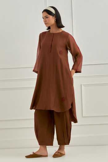 Cupid Cotton_Brown Chanderi Silk Sequins Round Neck Mirelle Kurta And Harem Pant Set _Online_at_Aza_Fashions