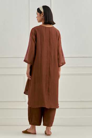 Shop_Cupid Cotton_Brown Chanderi Silk Sequins Round Neck Mirelle Kurta And Harem Pant Set _at_Aza_Fashions