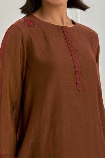Shop_Cupid Cotton_Brown Chanderi Silk Sequins Round Neck Mirelle Kurta And Harem Pant Set _Online_at_Aza_Fashions