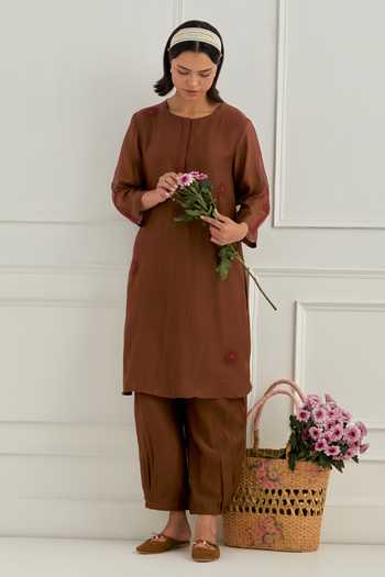 Buy_Cupid Cotton_Brown Chanderi Silk Sequins Round Neck Mirelle Kurta And Harem Pant Set _at_Aza_Fashions