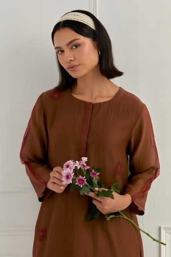 Shop_Cupid Cotton_Brown Chanderi Silk Sequins Round Neck Mirelle Kurta And Harem Pant Set 