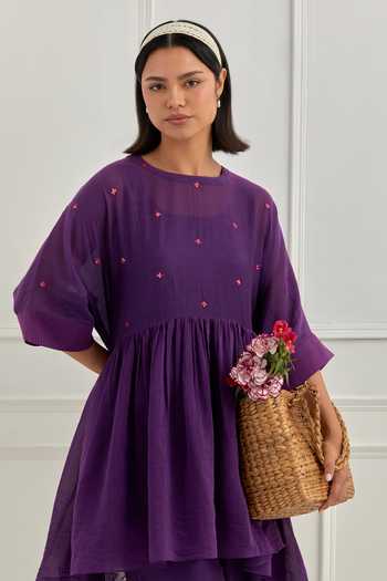 Shop_Cupid Cotton_Purple Chanderi Silk Embroidery, Sequins, Zari Round Neck Ezra Top And Pant Set _Online_at_Aza_Fashions