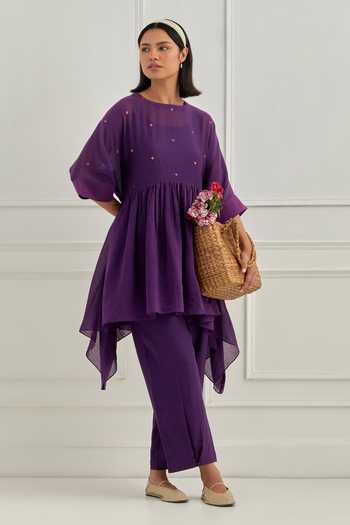 Buy_Cupid Cotton_Purple Chanderi Silk Embroidery, Sequins, Zari Round Neck Ezra Top And Pant Set _at_Aza_Fashions
