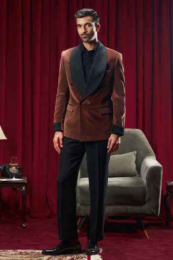 Philocaly_Brown Velvet Scott Shawl Collar Tuxedo _Online_at_Aza_Fashions