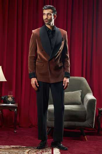 Shop_Philocaly_Brown Velvet Scott Shawl Collar Tuxedo _at_Aza_Fashions
