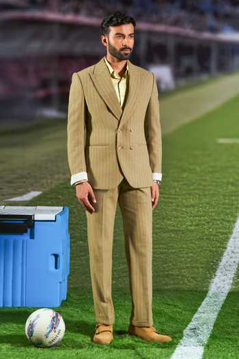 Buy_Philocaly_Olive Green Wool Kyle Double Breasted Striped Blazer And Trouser Set _at_Aza_Fashions