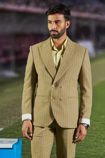 Shop_Philocaly_Olive Green Wool Kyle Double Breasted Striped Blazer And Trouser Set _Online_at_Aza_Fashions
