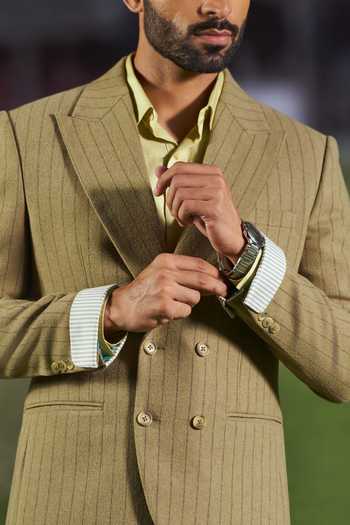 Philocaly_Olive Green Wool Kyle Double Breasted Striped Blazer And Trouser Set _at_Aza_Fashions