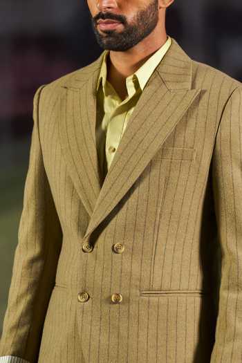 Shop_Philocaly_Olive Green Wool Kyle Double Breasted Striped Blazer And Trouser Set _at_Aza_Fashions