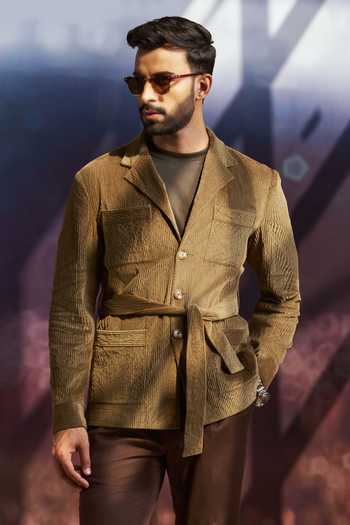 Buy_Philocaly_Olive Green Corduroy Adelman Belted Shacket _at_Aza_Fashions