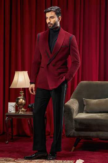 Shop_Philocaly_Maroon Velvet Embroidery, Beads Cameron Tuxedo _at_Aza_Fashions