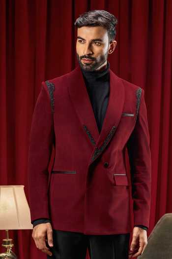 Buy_Philocaly_Maroon Velvet Embroidery, Beads Cameron Tuxedo _at_Aza_Fashions
