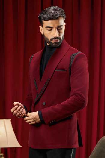 Buy_Philocaly_Maroon Velvet Embroidery, Beads Cameron Tuxedo _Online_at_Aza_Fashions