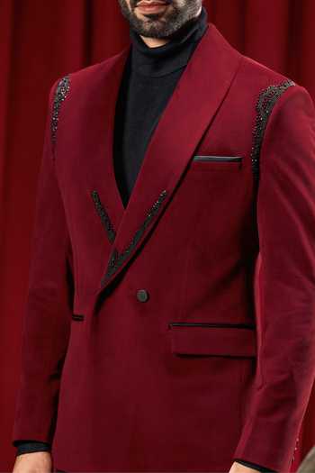 Shop_Philocaly_Maroon Velvet Embroidery, Beads Cameron Tuxedo _Online_at_Aza_Fashions