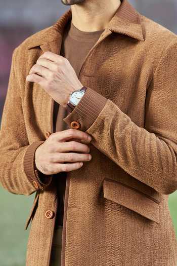 Philocaly_Brown Wool Embroidery Benji Herringbone Shacket _Online_at_Aza_Fashions