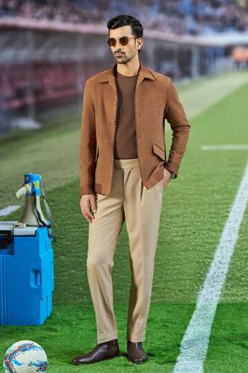 Shop_Philocaly_Brown Wool Embroidery Benji Herringbone Shacket _at_Aza_Fashions