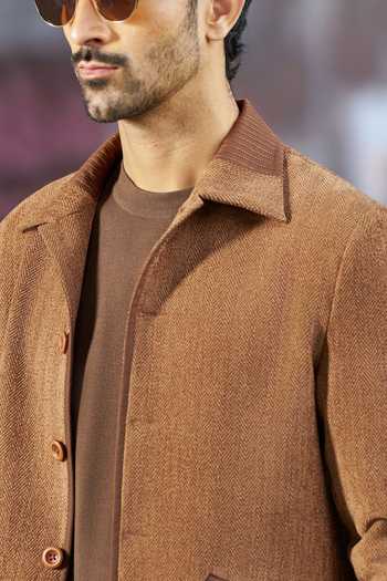 Philocaly_Brown Wool Embroidery Benji Herringbone Shacket _at_Aza_Fashions