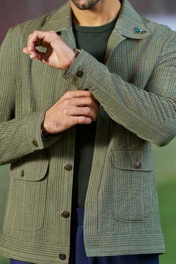 Buy_Philocaly_Olive Green Cotton Moyes Checkered Shacket _Online_at_Aza_Fashions