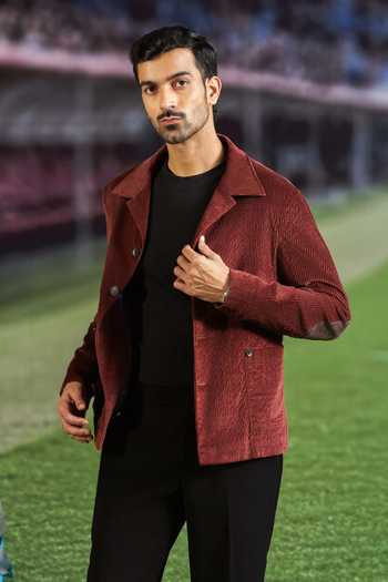 Philocaly_Maroon Corduroy Ferguson Elbow Patched Shacket _Online_at_Aza_Fashions