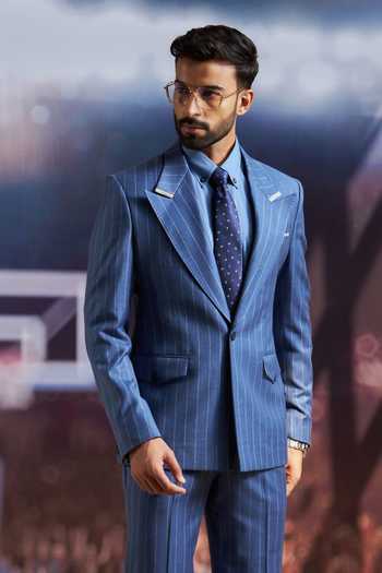 Buy_Philocaly_Blue Wool Sloan Pinstriped Blazer _at_Aza_Fashions