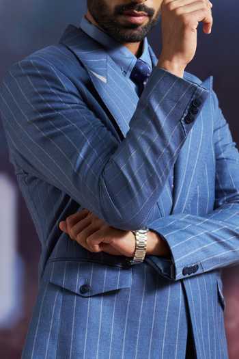Philocaly_Blue Wool Sloan Pinstriped Blazer _Online_at_Aza_Fashions