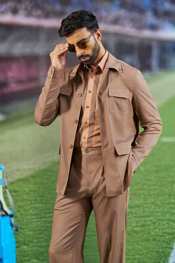 Shop_Philocaly_Brown Cotton Graham Shacket And Trouser Co-ord Set _at_Aza_Fashions
