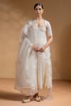 Buy_Baise Gaba_Off White Chanderi, Satin, Lycra, Organza Sharanya Work Tiered Anarkali Set _at_Aza_Fashions