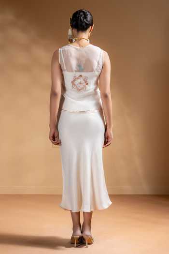 Shop_BAISE GABA_Off White Satin, Organza Gota Patti V-neck, Open Zarina Dress With Work Jacket _at_Aza_Fashions
