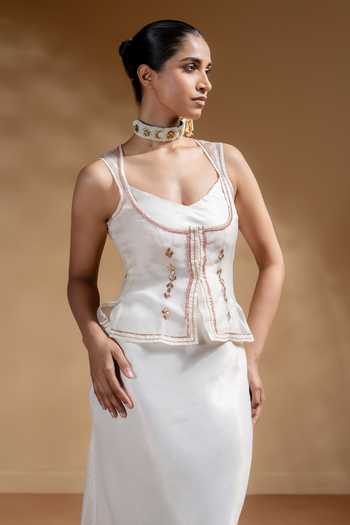 BAISE GABA_Off White Satin, Organza Gota Patti V-neck, Open Zarina Dress With Work Jacket _Online
