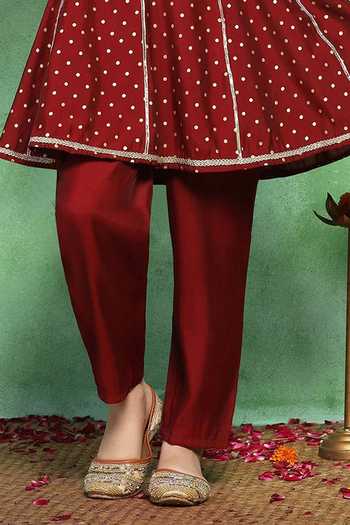 Jhambthreads_Maroon Silk Foil Printing Polka Floral Kurta Set _Online_at_Aza_Fashions