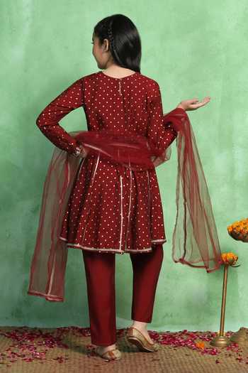 Shop_Jhambthreads_Maroon Silk Foil Printing Polka Floral Kurta Set _at_Aza_Fashions