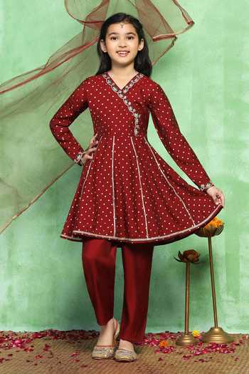 Buy_Jhambthreads_Maroon Silk Foil Printing Polka Floral Kurta Set _at_Aza_Fashions