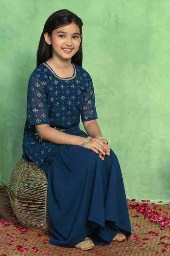 Jhambthreads_Teal Georgette Printed Straight Kurta With Sharara _Online_at_Aza_Fashions