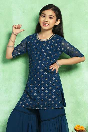 Buy_Jhambthreads_Teal Georgette Printed Straight Kurta With Sharara _Online_at_Aza_Fashions