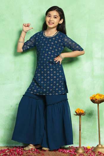Buy_Jhambthreads_Teal Georgette Printed Straight Kurta With Sharara _at_Aza_Fashions