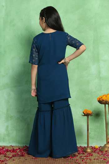 Shop_Jhambthreads_Teal Georgette Printed Straight Kurta With Sharara _at_Aza_Fashions
