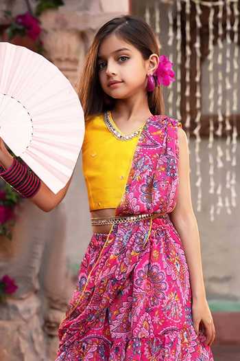 Jhambthreads_Magenta Chiffon Printed Layered Lehenga Set _Online_at_Aza_Fashions