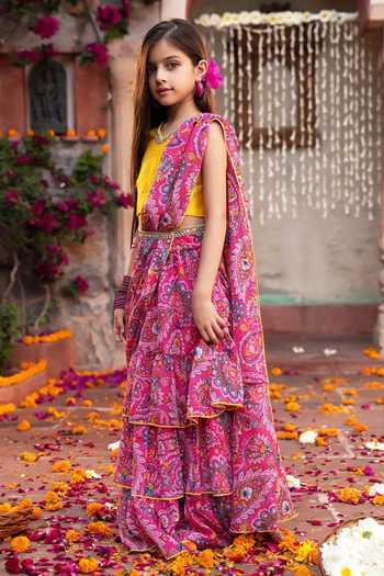 Buy_Jhambthreads_Magenta Chiffon Printed Layered Lehenga Set _Online_at_Aza_Fashions