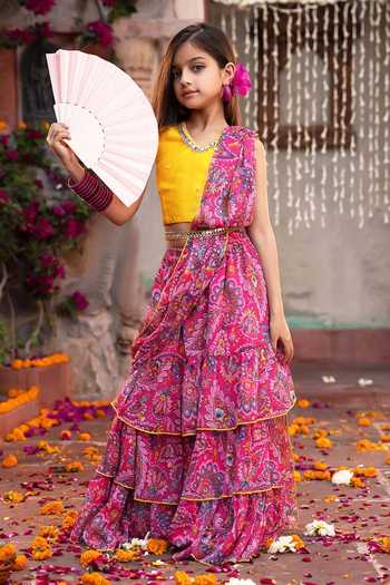 Buy_Jhambthreads_Magenta Chiffon Printed Layered Lehenga Set _at_Aza_Fashions