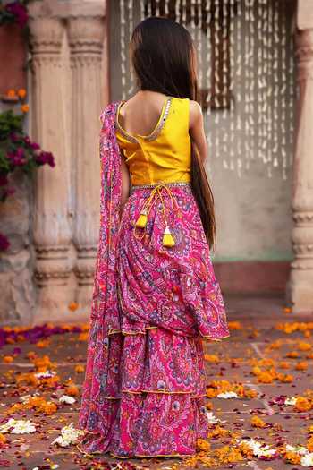 Shop_Jhambthreads_Magenta Chiffon Printed Layered Lehenga Set _at_Aza_Fashions